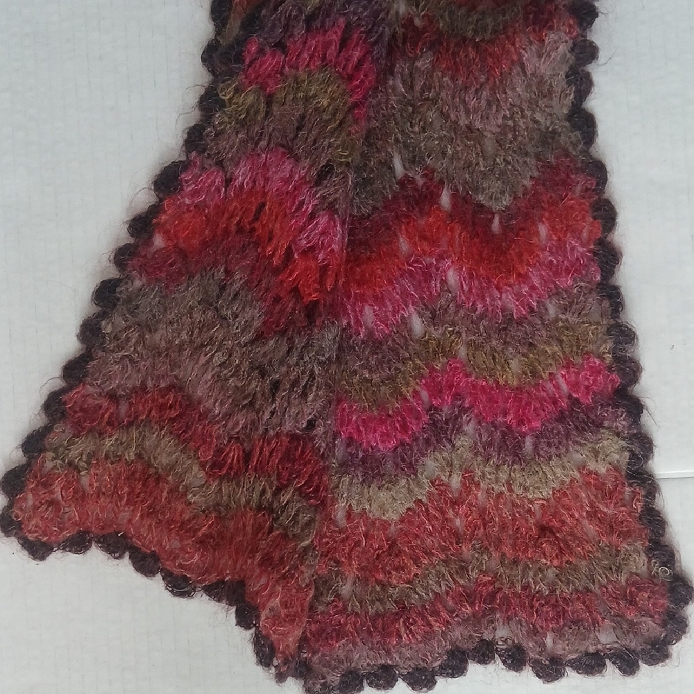 Multi-color Zigzag Knit Scarf Cozy Mohair-Wool Lace Scalloped Hem NO Itch - Picture 4 of 8